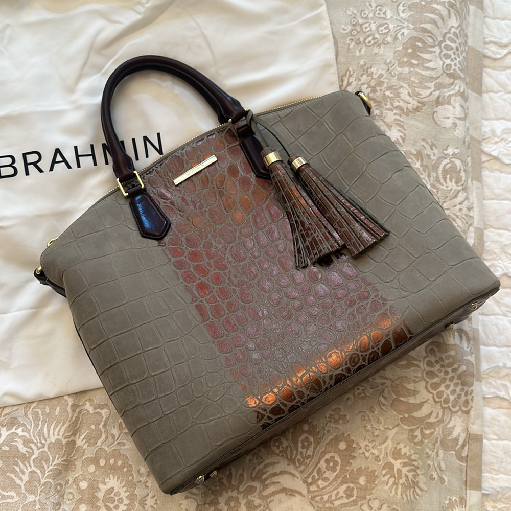 LIKE NEW Brahmin Gray Suede & Bronze Metallic Croc-Embossed Satchel Bag 🤎